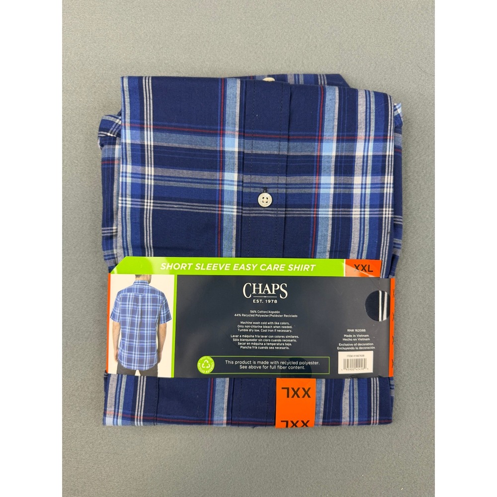Chaps Easy Care Shirt Mens XXL Blue Plaid Short Sleeve Classic Fit Button Down - Picture 2 of 6